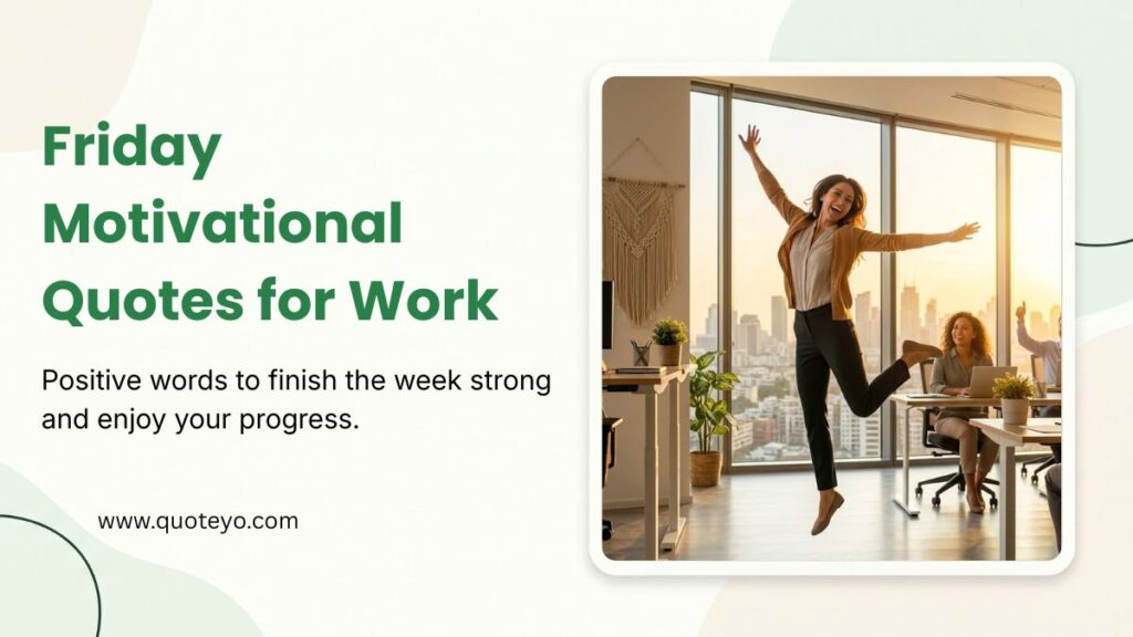 A cheerful woman jumping in a modern office highlighting Friday motivational quotes for work.