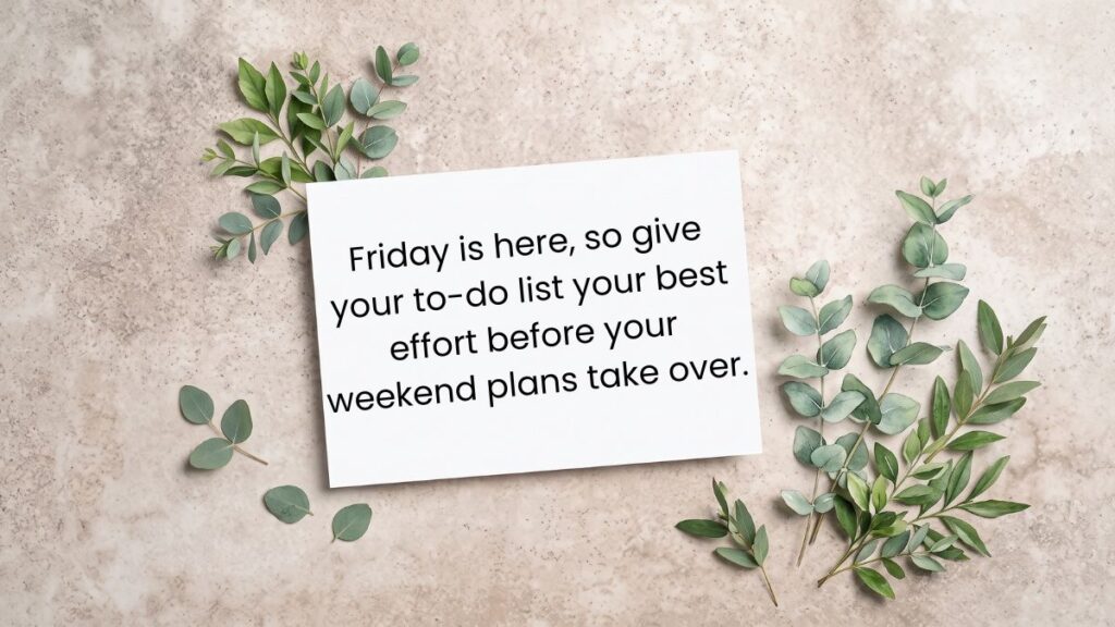 Dark blue picture frame hanging on a white wall showcasing Friday motivational quotes for work.