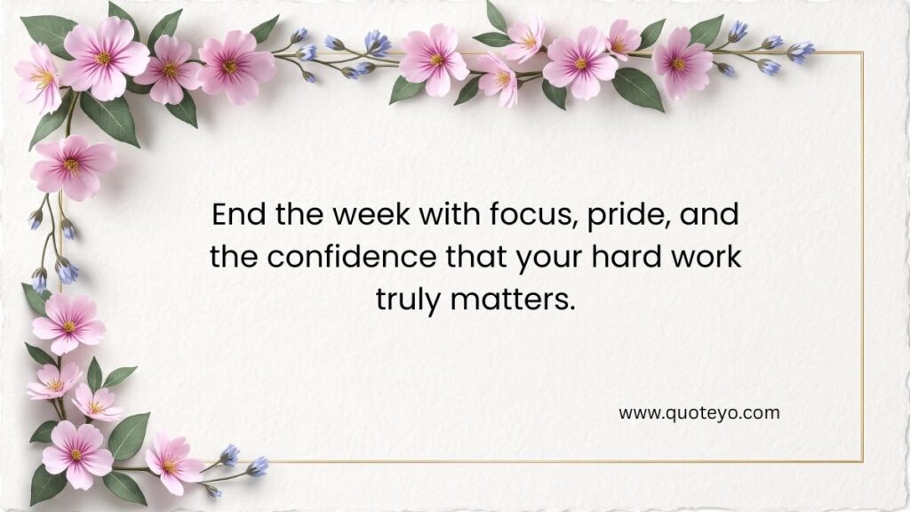 Delicate pink flower garland framing inspiring text with Friday motivational quotes for work.