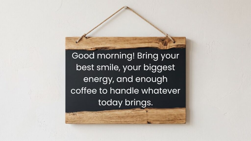 Rustic wooden hanging chalkboard sign presenting a cheerful message about african american good morning quotes.