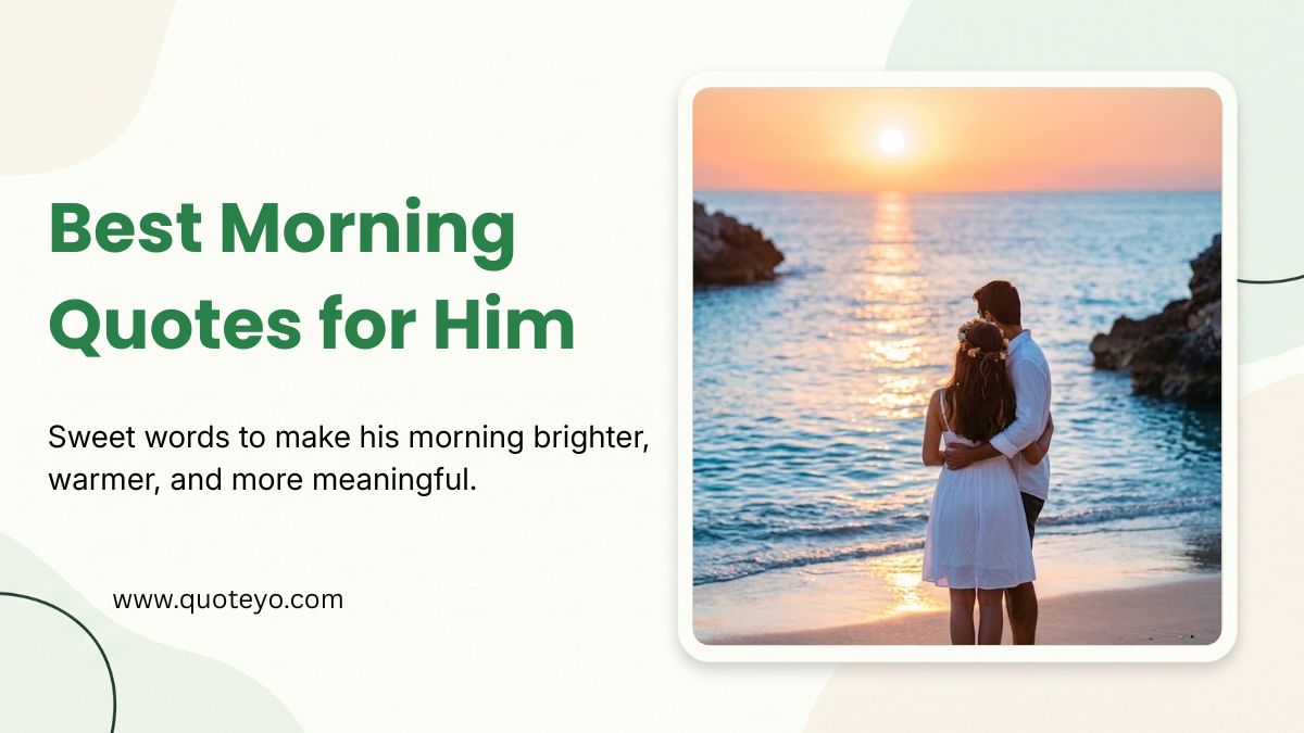 Loving couple embracing on a sandy beach during sunset with best morning quotes for him.