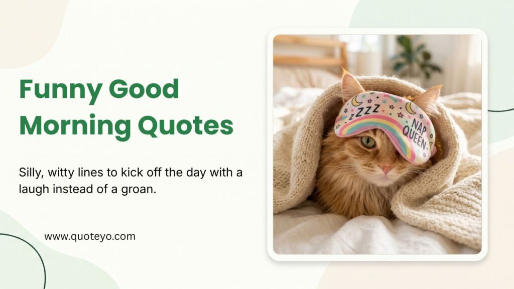 Fluffy cat wearing a sleep mask under a blanket with funny good morning quotes layout.