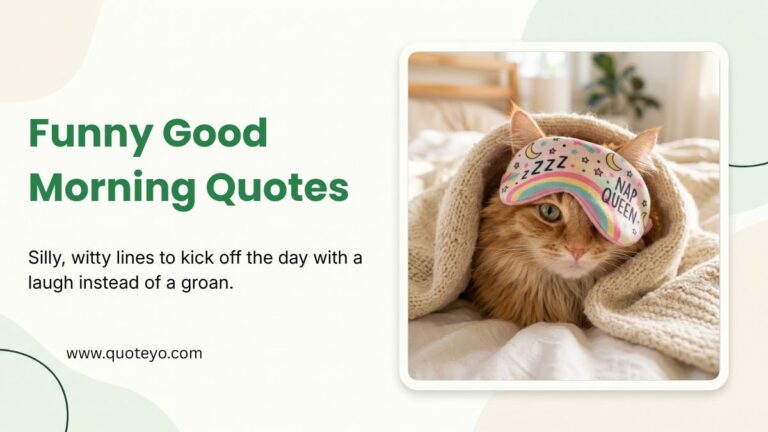 Fluffy cat wearing a sleep mask under a blanket with funny good morning quotes layout.