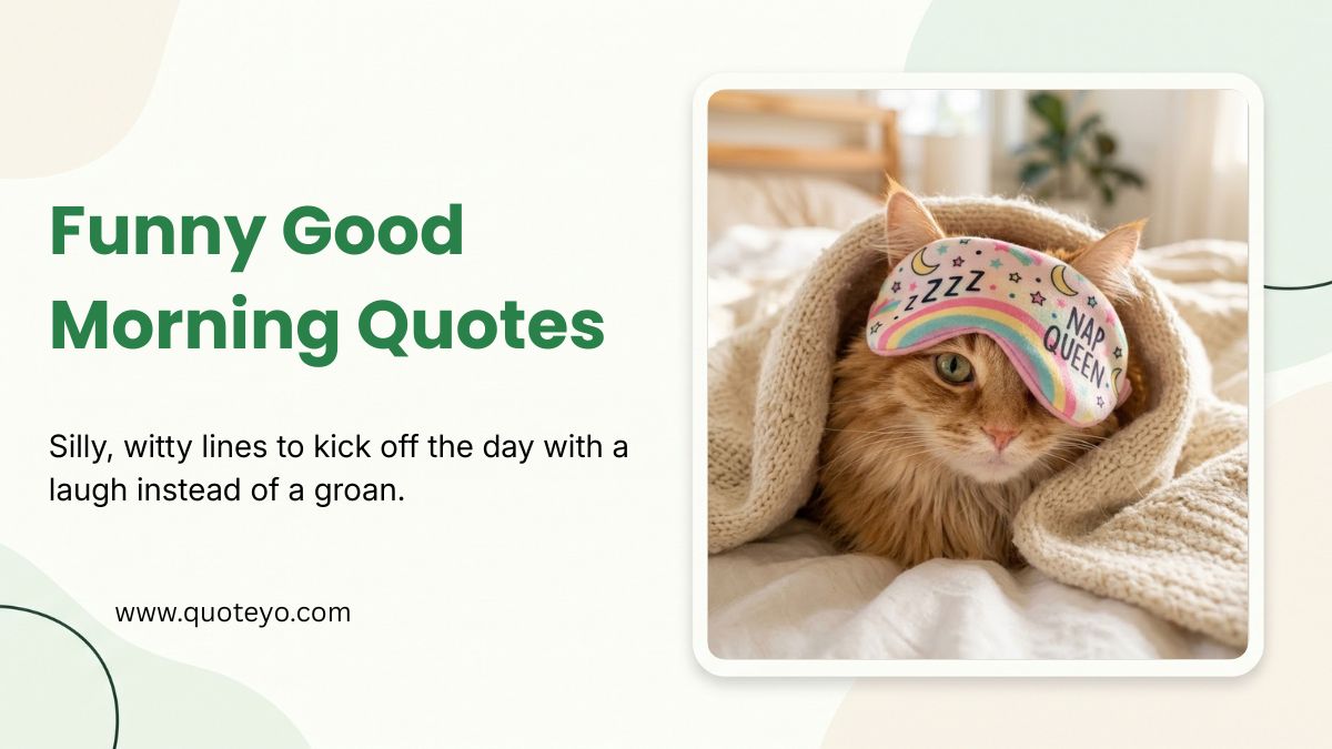 Fluffy cat wearing a sleep mask under a blanket with funny good morning quotes layout.