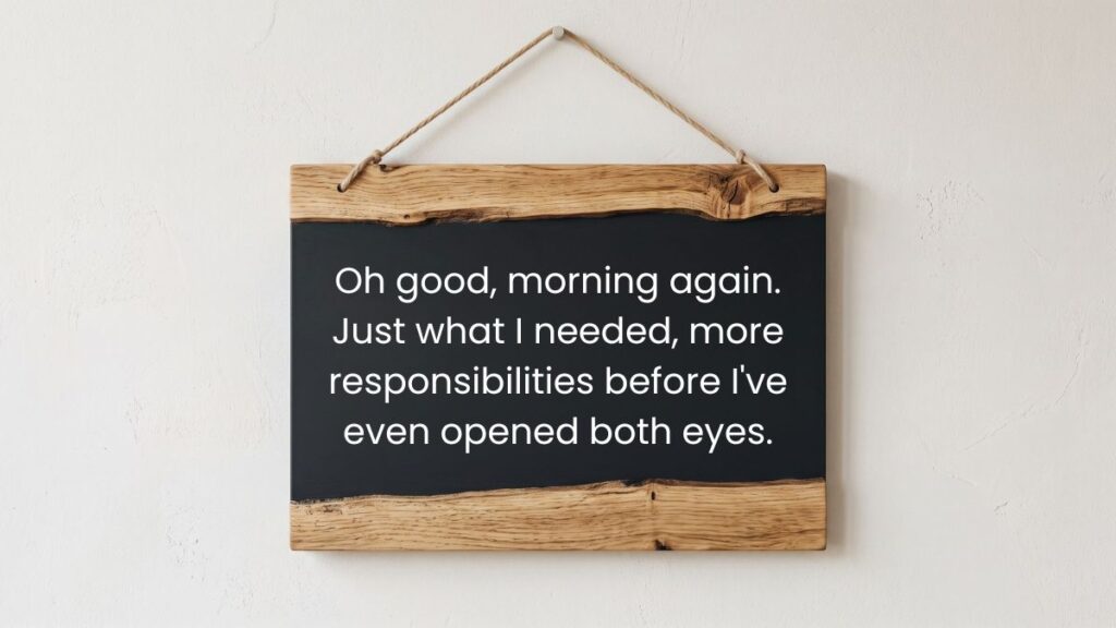 Hanging wooden chalkboard sign displaying humorous text with funny good morning quotes.