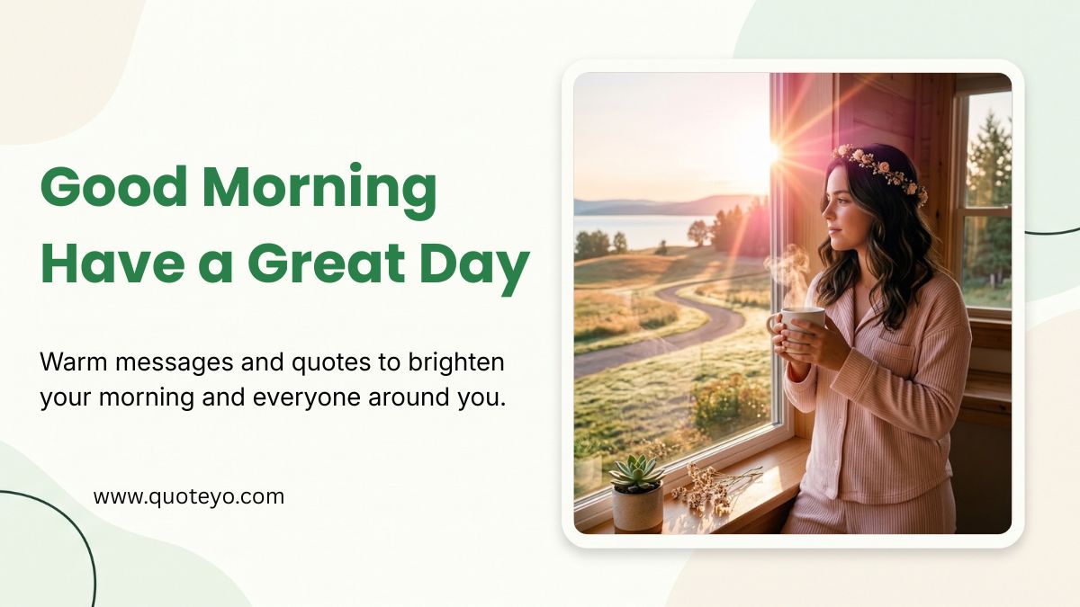 Woman holding coffee near a sunny window with good morning have a great day text.