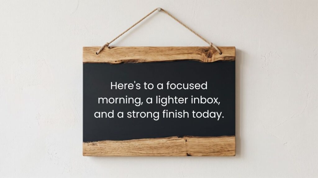 Wooden chalkboard sign hanging on a white wall displaying good morning have a great day.