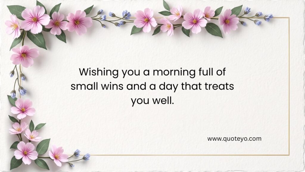 Pink floral border around inspirational message card wishing good morning have a great day.