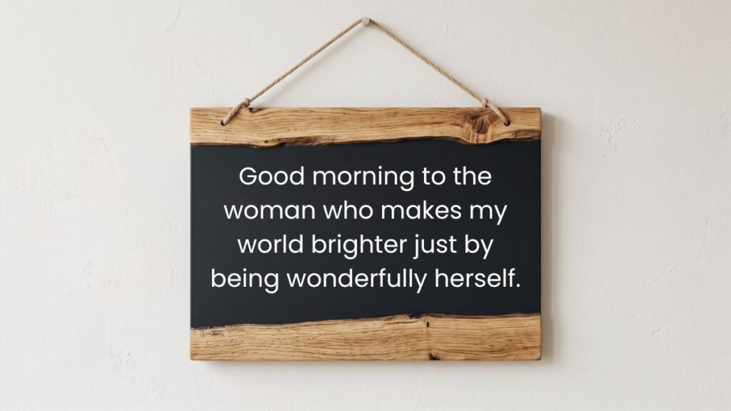 Hanging wooden chalkboard sign displaying a heartwarming good morning message for her on a wall.