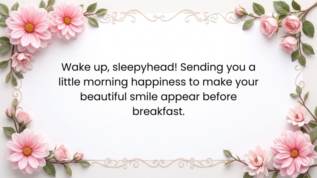 Pink dahlia flower frame surrounding a white card with a cute good morning message for her.