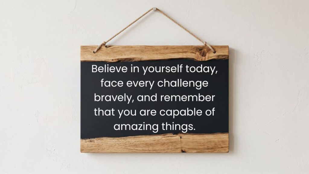 Rustic wooden hanging chalkboard sign presenting an inspiring good morning message for my wife on white wall.