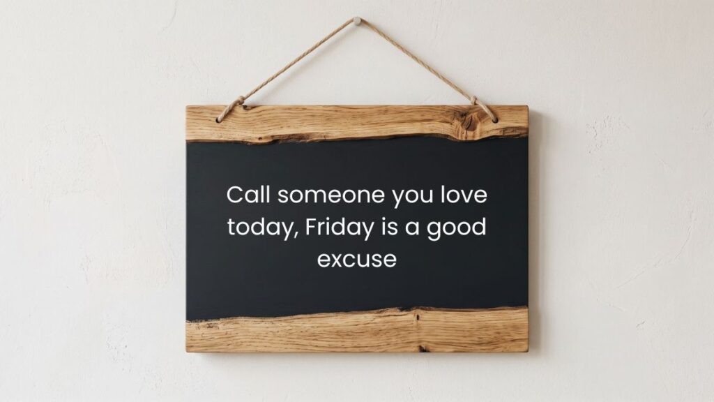 Wooden chalkboard hanging on wall displaying happy friday motivational quotes for work.