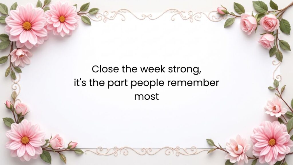 Pink dahlia flower frame surrounding text with happy friday motivational quotes inside.