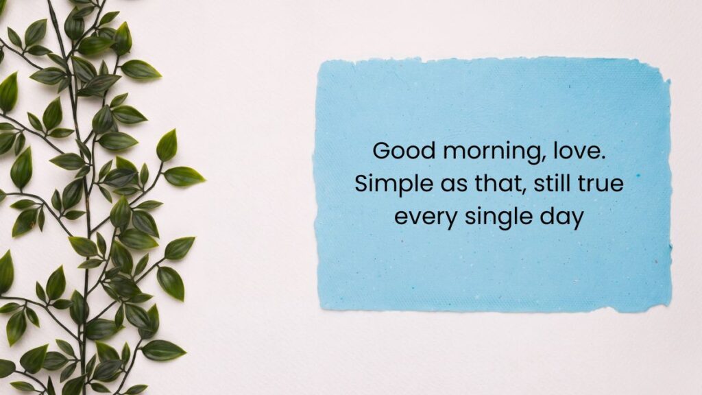 Blue paper note next to green leaves featuring heart touching good morning messages for love.