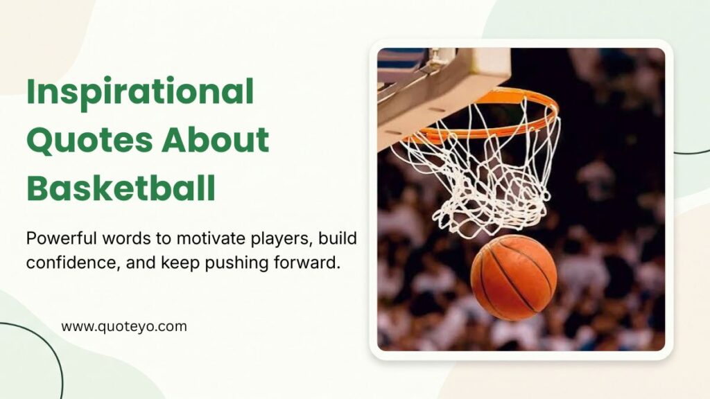 A basketball swooshing through a net featured alongside text for inspirational quotes about basketball.