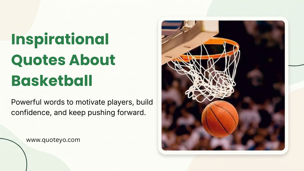 A basketball swooshing through a net featured alongside text for inspirational quotes about basketball.