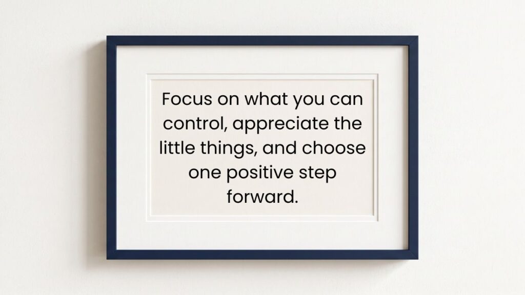 Dark blue photo frame hanging on a plain wall highlighting steps to make it a great day.