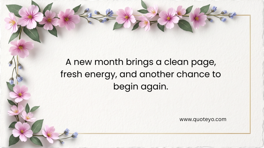A floral card with pink blossoms presenting new month quotes on a clean white background.