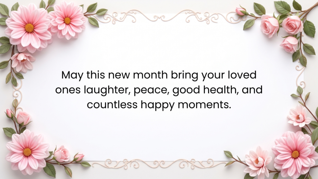 Pink dahlias and roses framing a white card that presents positive new month quotes.