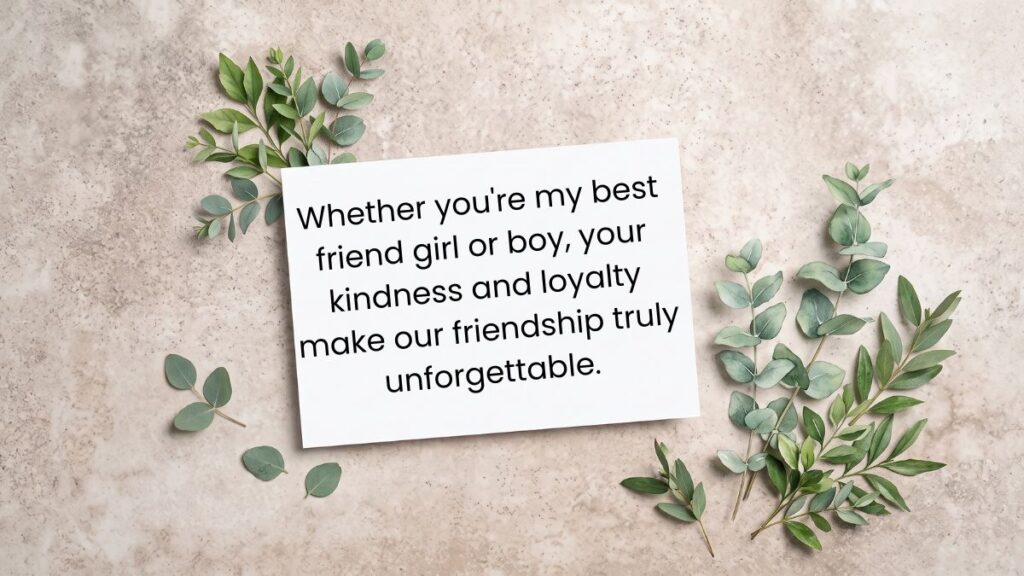 White paper card on stone background framed by eucalyptus leaves featuring a paragraph for best friend.