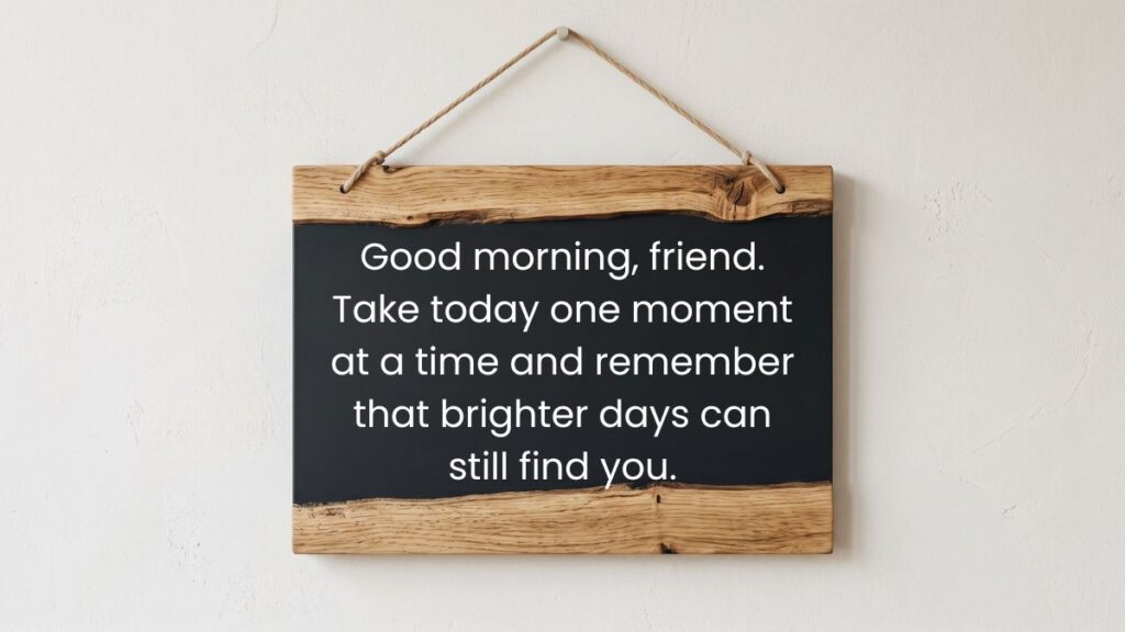 Hanging wooden chalkboard sign displaying positive good morning messages for friends on a white wall.