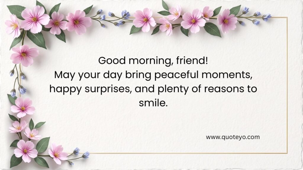 Pink floral border around a card displaying positive good morning messages for friends with well wishes.