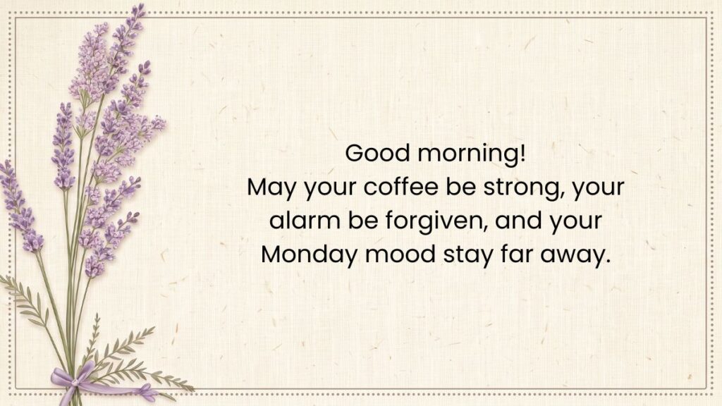 Lavender flower bouquet framing a card with positive good morning messages for friends about coffee.