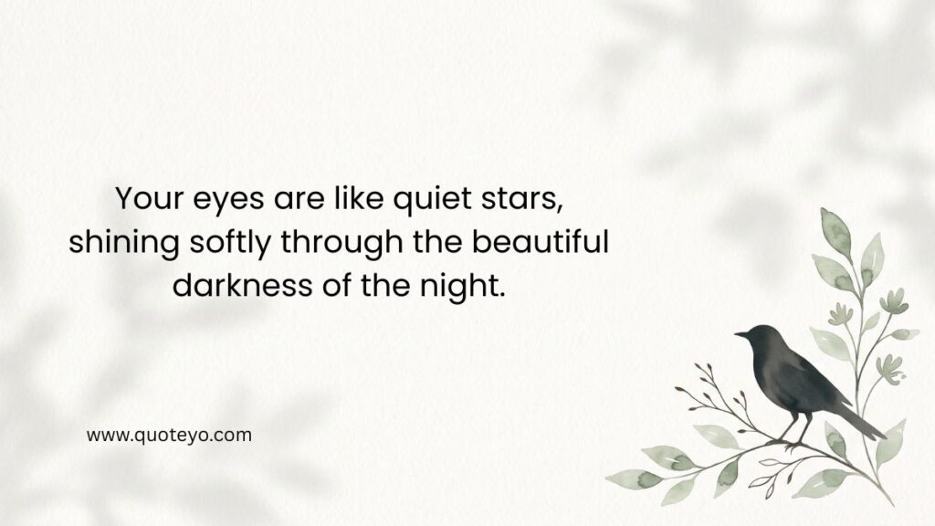 Minimalist bird illustration on leaves next to a romantic quotation on eyes about quiet stars.