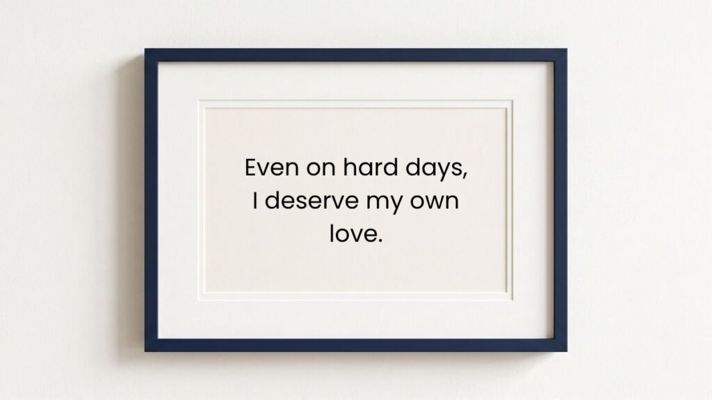 Dark blue photo frame on wall displaying text for self love quotes for women.