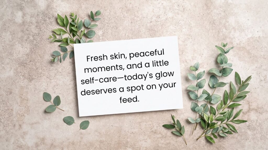 A white card framed by green eucalyptus leaves presenting skin care quotes for daily wellness.