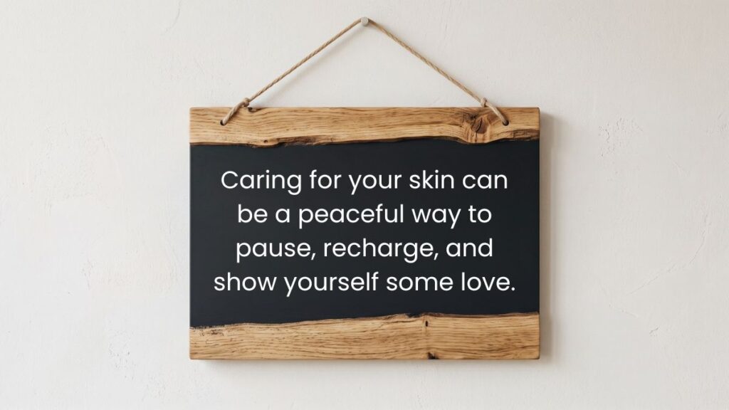 A rustic wooden hanging chalkboard sign displaying thoughtful skin care quotes on a wall.