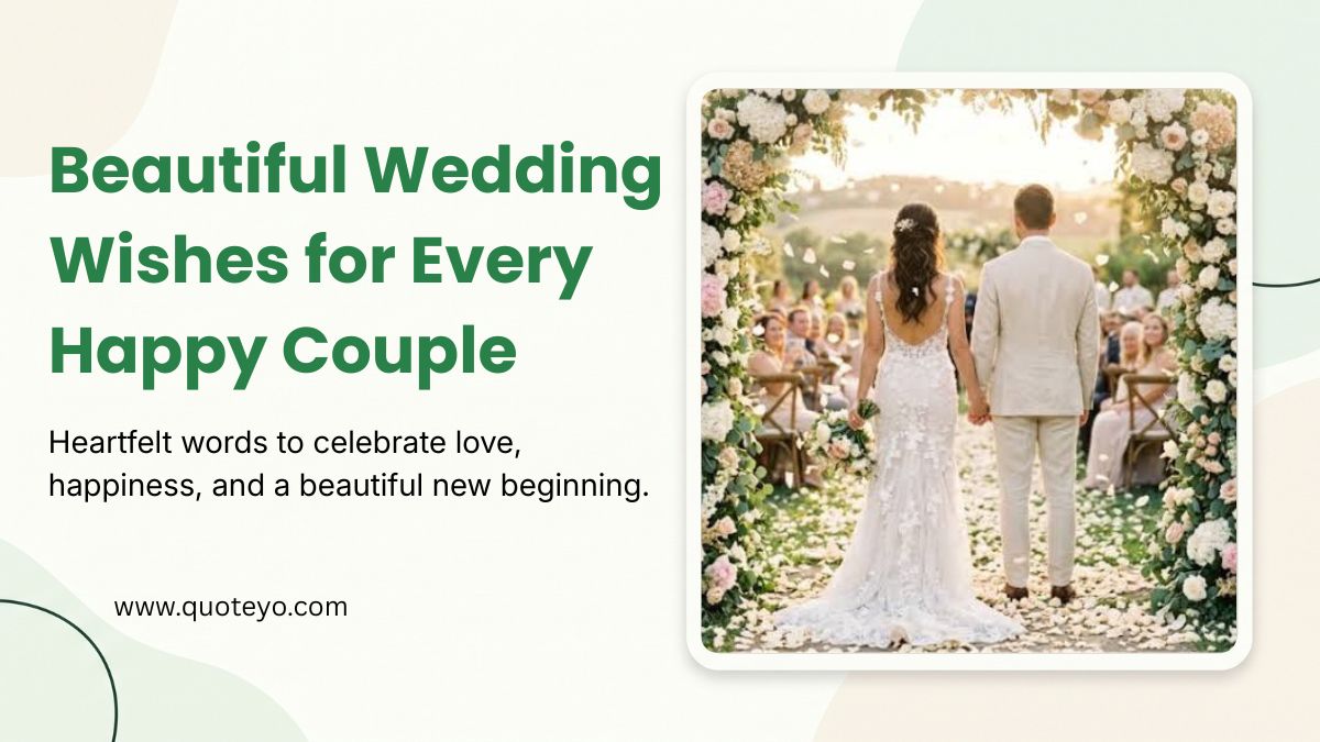 A newly married bride and groom holding hands under a floral arch featuring wedding wishes.