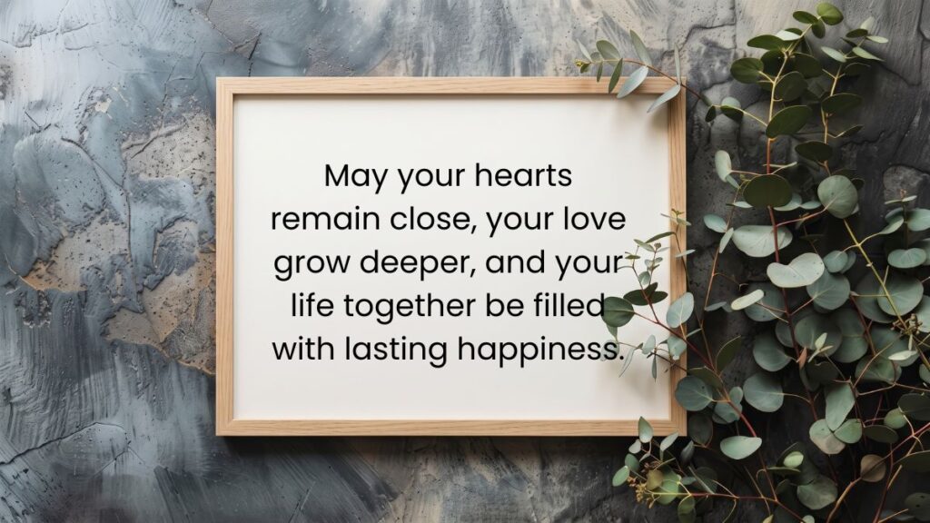 Wooden picture frame surrounded by green eucalyptus leaves presenting inspirational wedding wishes text.