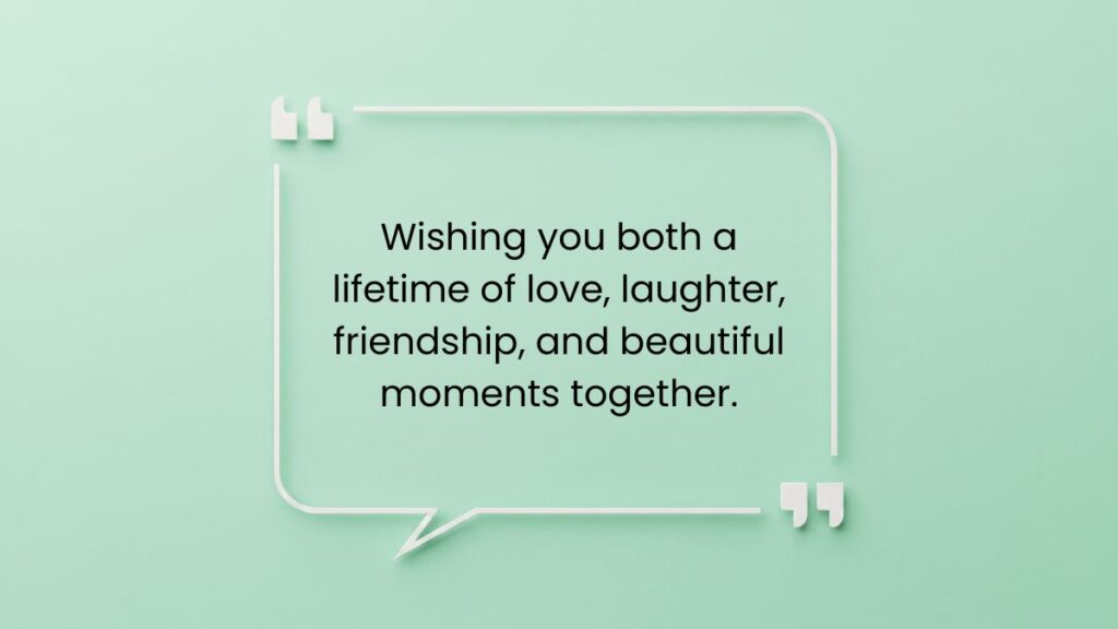 Mint green quote bubble background with elegant text offering sweet wedding wishes for the couple.