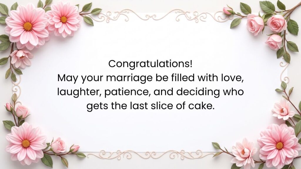 Pink dahlia flower frame surrounding a funny note card with congratulations and wedding wishes.