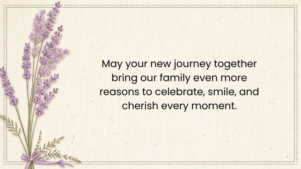 Lavender flowers tied with a ribbon framing warm family wedding wishes on a textured card.