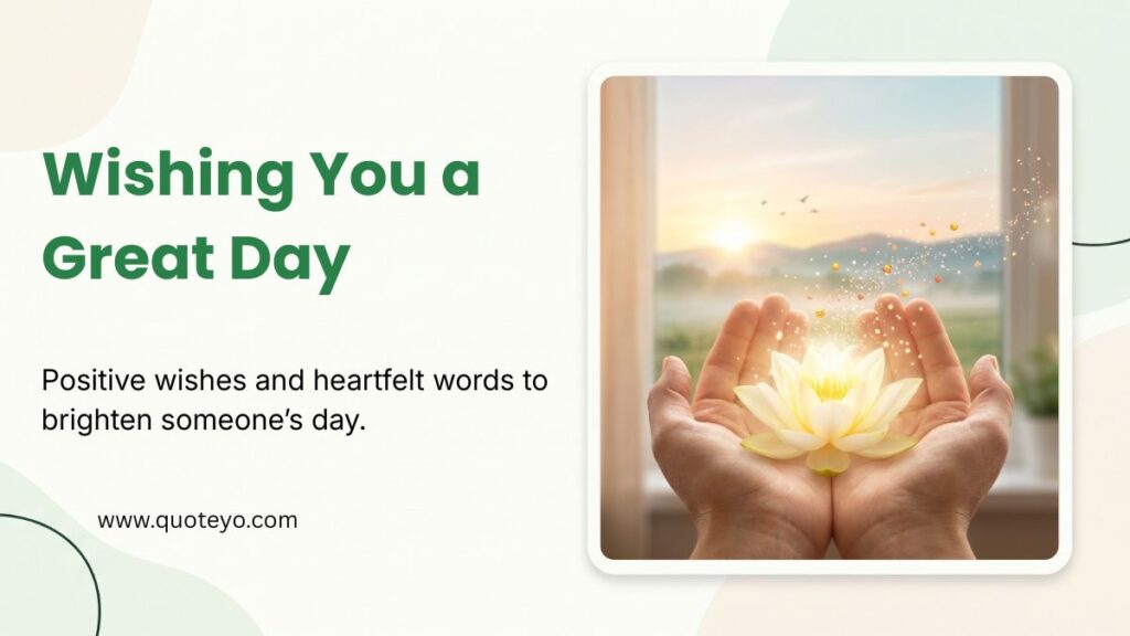 Open hands holding glowing water lily during sunrise with text wishing you a great day.