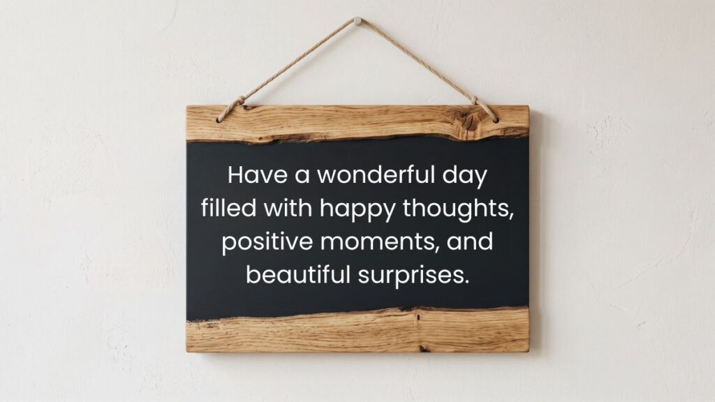 Hanging wooden chalkboard sign against white wall displaying message wishing you a great day.
